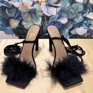 SheIn Black Feather Lace-Up Heels Square Toe Stilettos Heels Size 10 Elegant